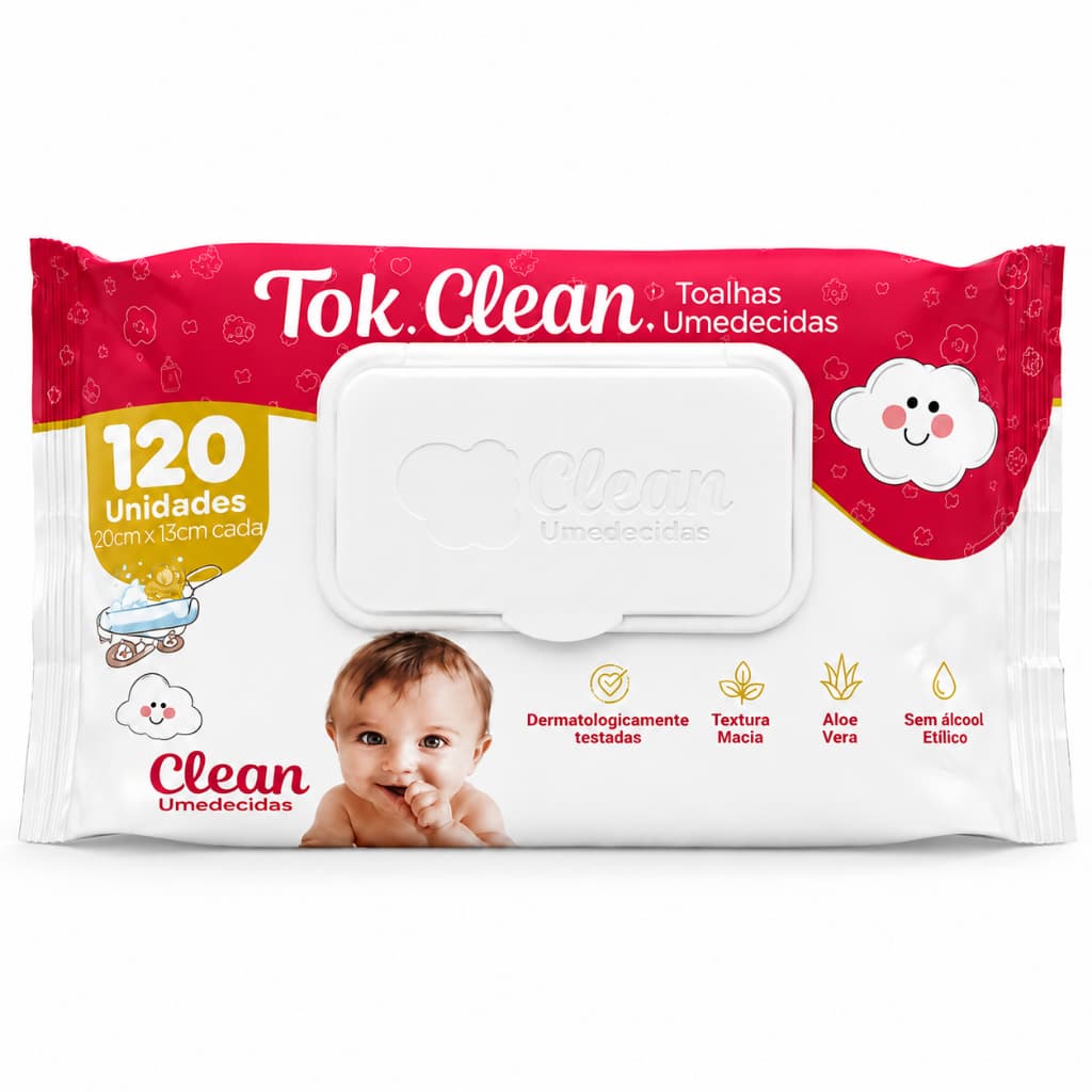 Toalhas Umedecidas Tok Clean 120 Un Lenços Bebê Sem Álcool Aloe Vera Pele Sensível Higiene Diária