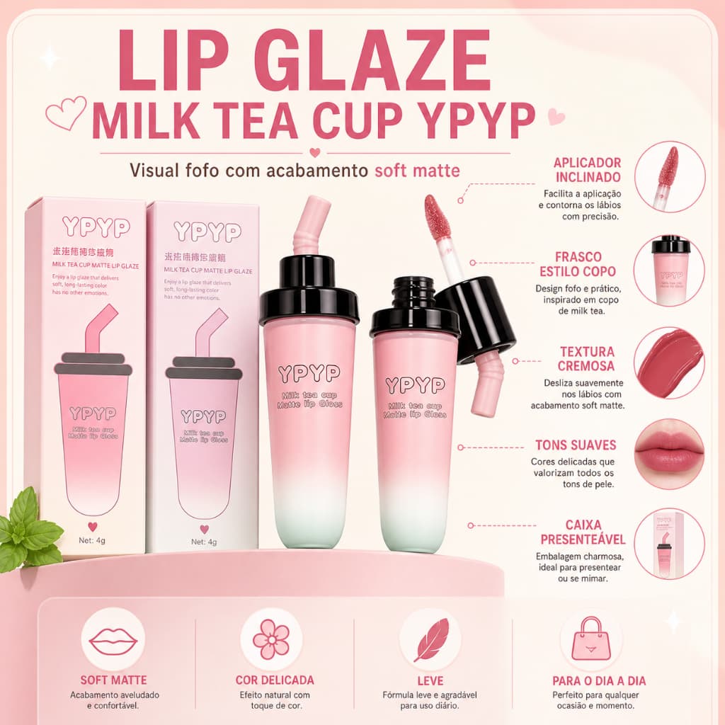 Batom Líquido Matte Milk Tea YPYP Lip Tint Aveludado 4g - 6 Cores