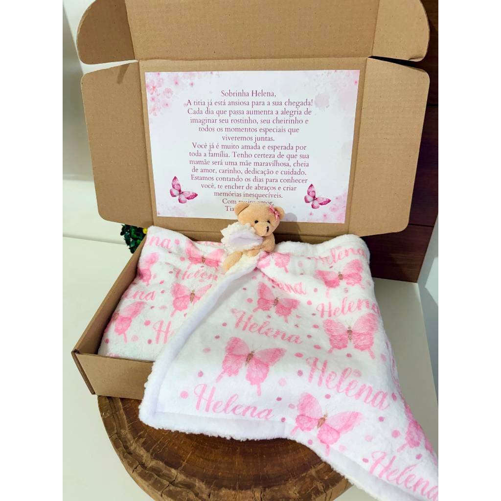 Kit Manta e Naninha Personalizada Com Nome Borboleta Bebê Menina Jardim Enxoval