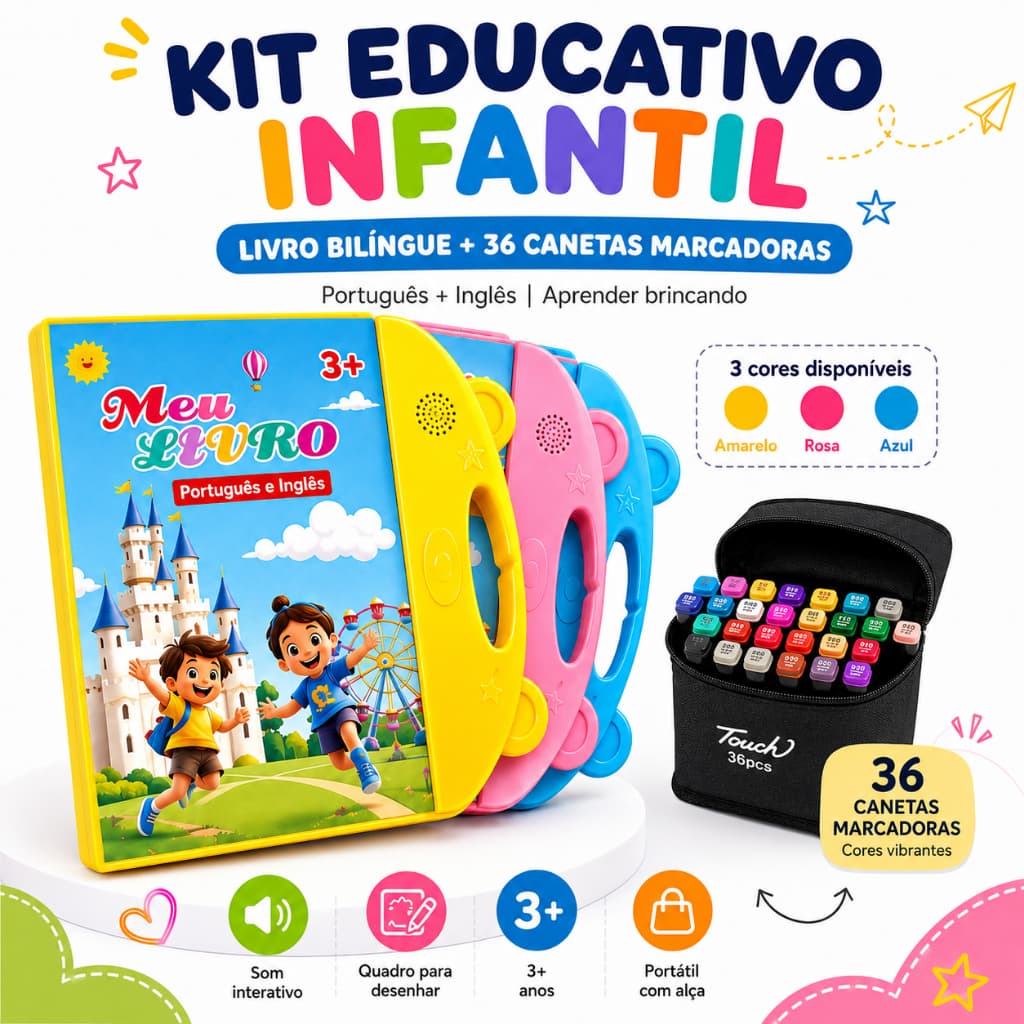 Livro Interativo com Som Infantil Bilíngue Português Inglês Multi Temas Toque Educativo Aprendizagem