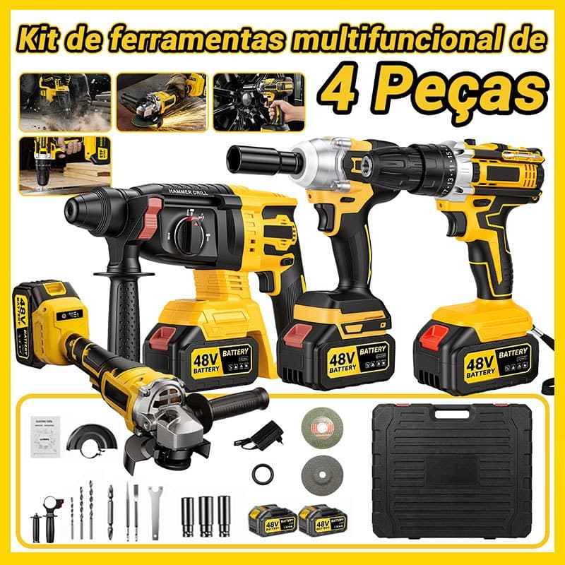 Kit 4 em 1 Ferramentas Elétricas 48V Sem Fio Furadeira Parafusadeira Esmerilhadeira com Acessórios e Maleta