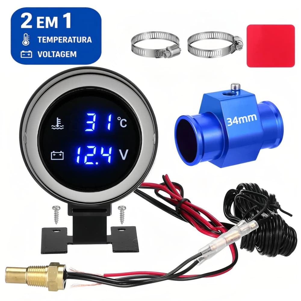 2 Em 1 Medidor De Temperatura Água De Caminhão Digital LCD Redondo Sensor Moto + adaptador+ Voltímetro Voltagem
