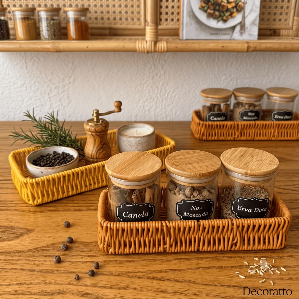 Bandeja Organizadora Tramada Rattan Retangular 23x8cm Multiuso Temperos Decoração Cozinha Café Banheiro Quarto