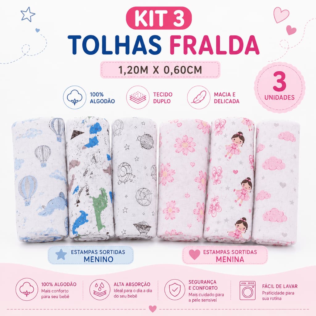 Kit Toalha Fralda em Algodão 3 Unidades para Bebê Recém Nascido Menina Menino