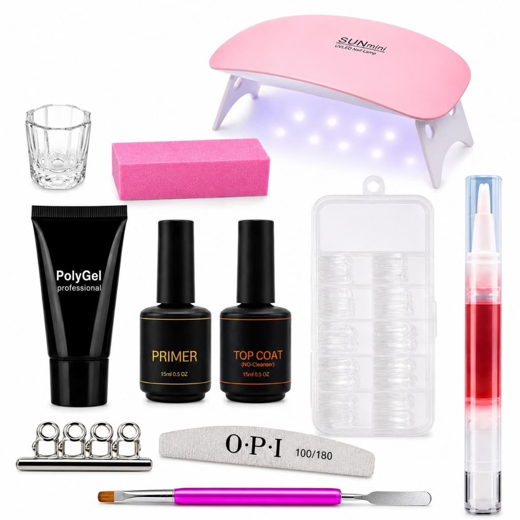 Kit Alongamento De Unhas Completo Molde F1 Lixa Top Coat Primer Cabine Sun Mini Polygel
