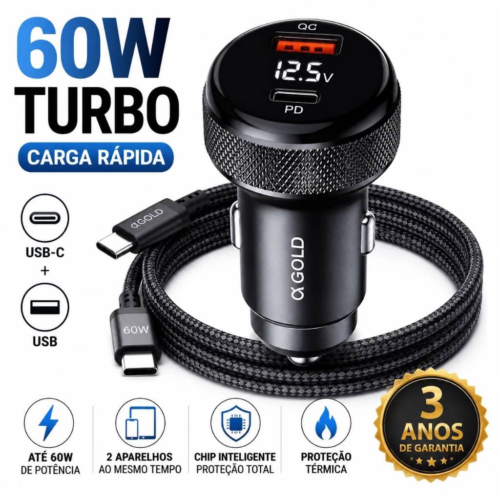 Carregador Veicular Turbo 60W  USB-C USB-A Carregamento rápido Metal aeronáutico TIPO C