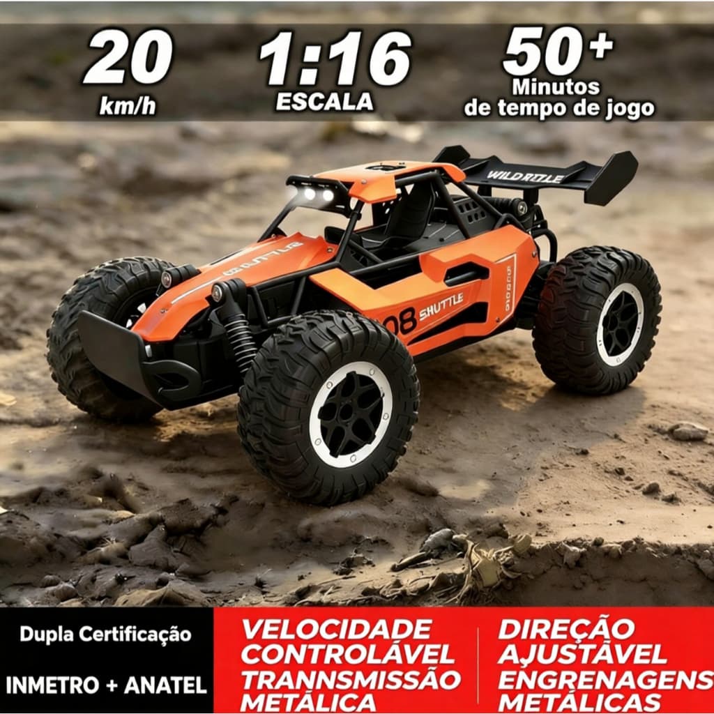 Brastoy Carrinho Controle Remoto Off Road 1:16 20km/h Presente Criança Certificado INMETRO ANATEL
