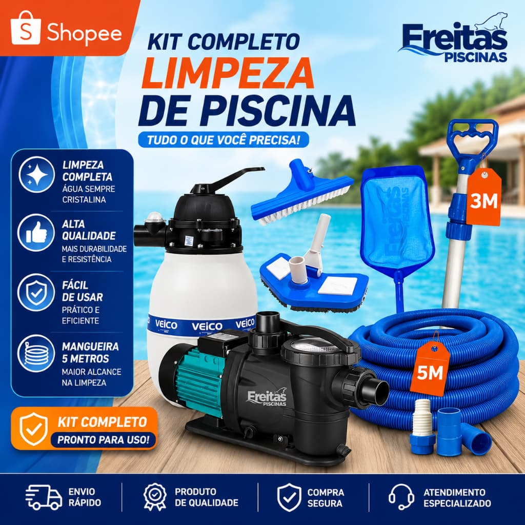 Conjunto Filtro e Bomba Até 20 Mil Litros + Kit Limpeza | Kit Completo para Piscina