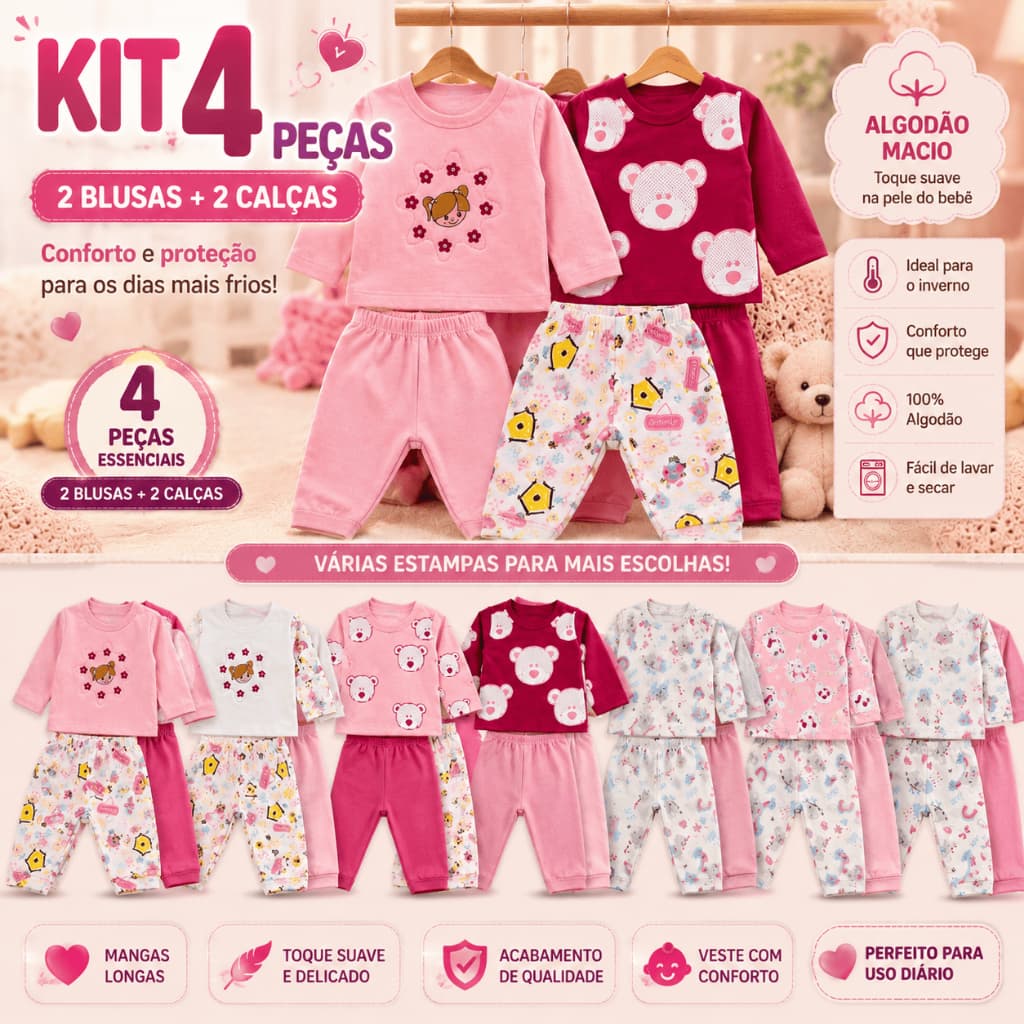 Kit Conjunto Bebê Menina 4 Peças Conjunto Infantil Menina Conjunto Inverno Roupa de Bebê Menina