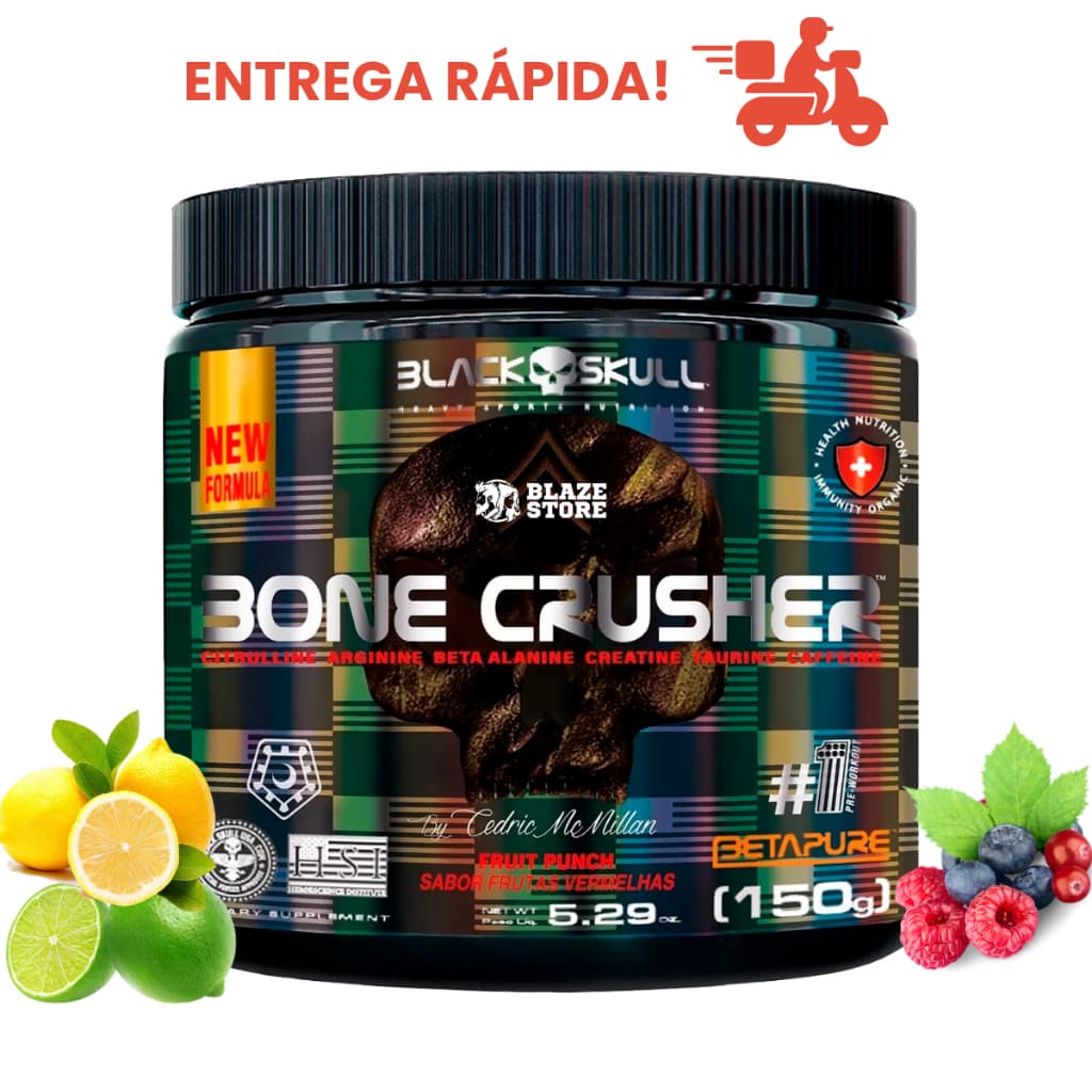 Pré Treino Bone Crusher 150g Black Skull - Cafeína, Arginina, Taurina, Creatina e Beta-Alanina