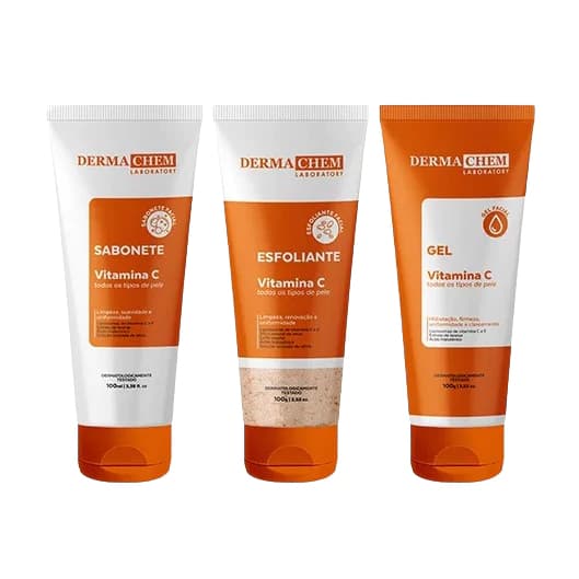 Trio Vitamina C Dermachem Anti Idade Sabonete Esfoliante Gel Facial Clareador Skincare Completo