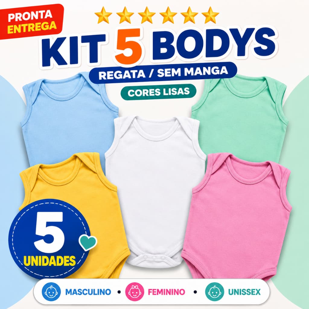 Kit 5 Body Regata Sem Manga Liso Infantil Bebê Menino Menina