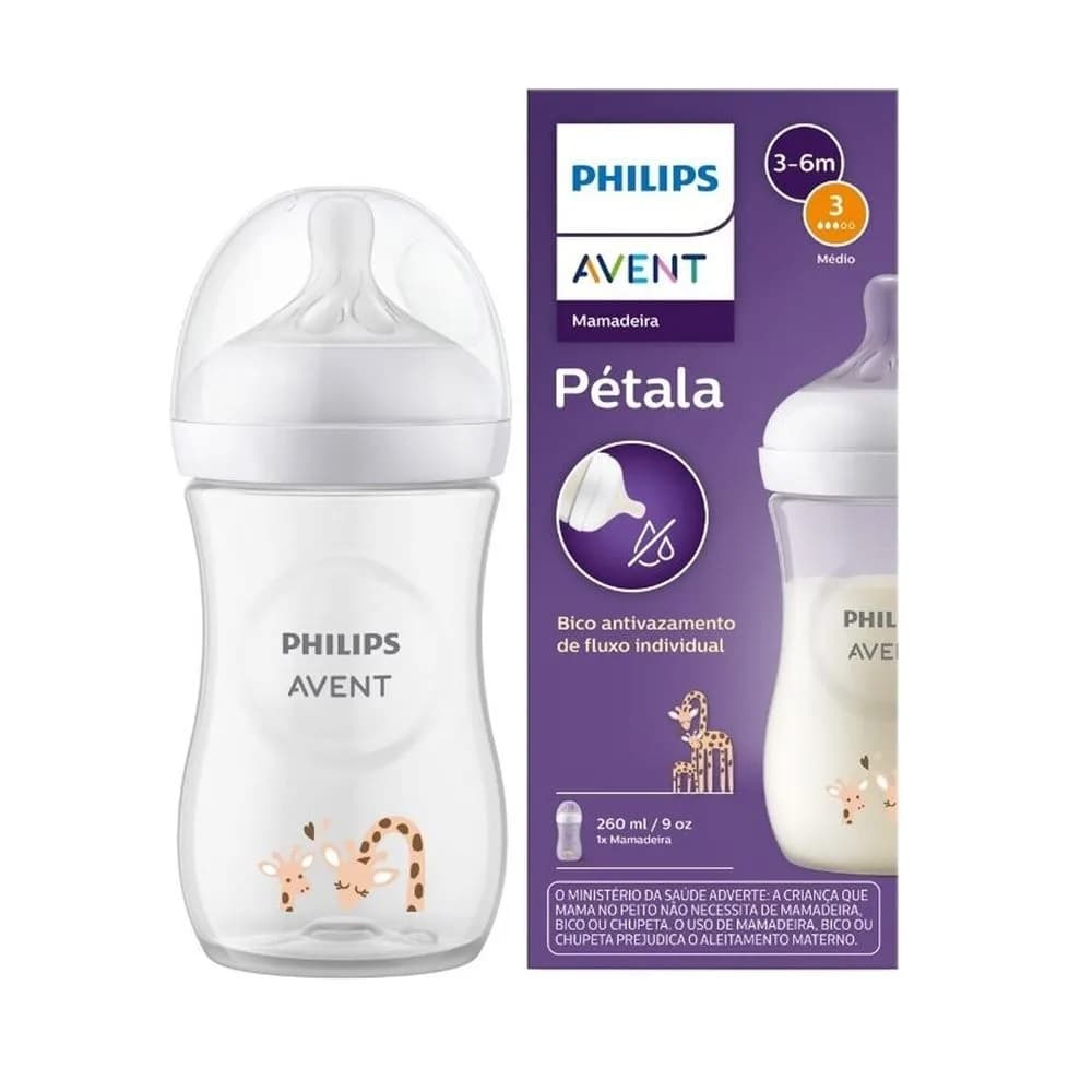 1un Mamadeira Avent Pétala  260ml Transparente - Girafa