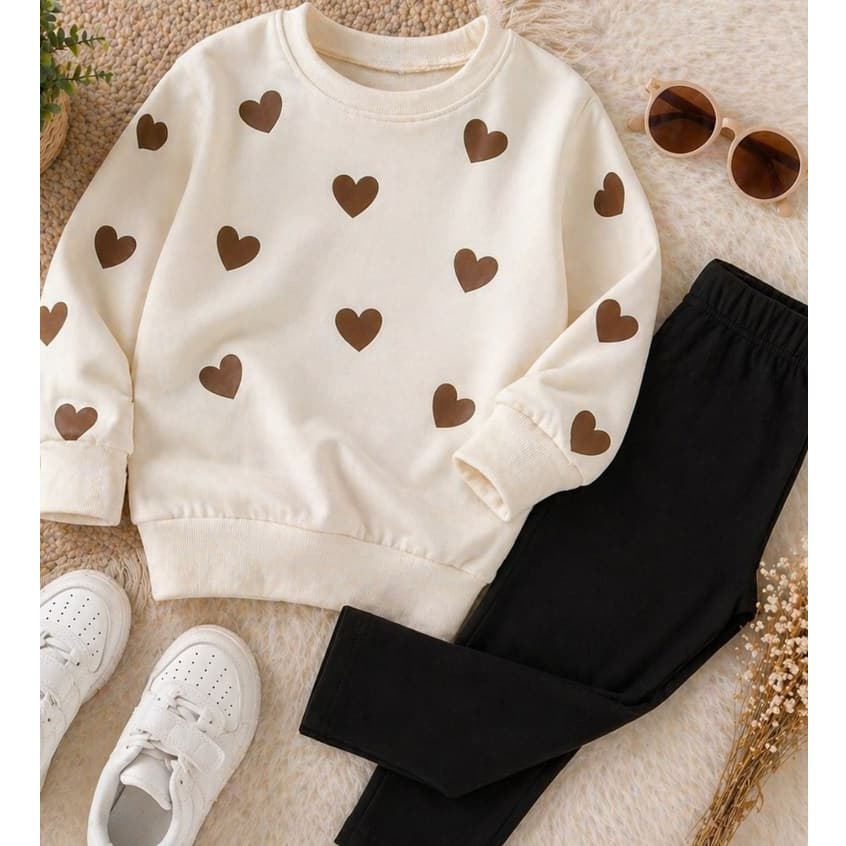 Conjunto Blusa  Frio Legging Infantil Moletom Corações Manga Longa Confortável Inverno Moda Bloguerinha