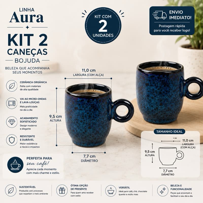 Kit 2 Canecas Ceramica Bojuda Azul Linha Aura 230ml Cerâmica Orgânica Resitente Original