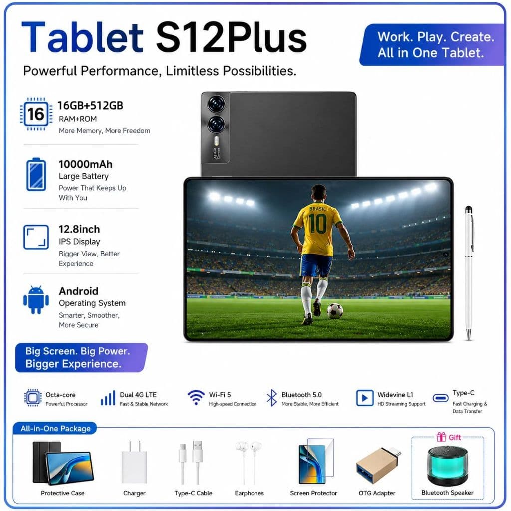 【Free Keyboard, mouse, and case】S12 Plus 12.8" Tablet, 16GB RAM + 512GB ROM, Android 15 | 2K Ultra HD screen | 10000mAh