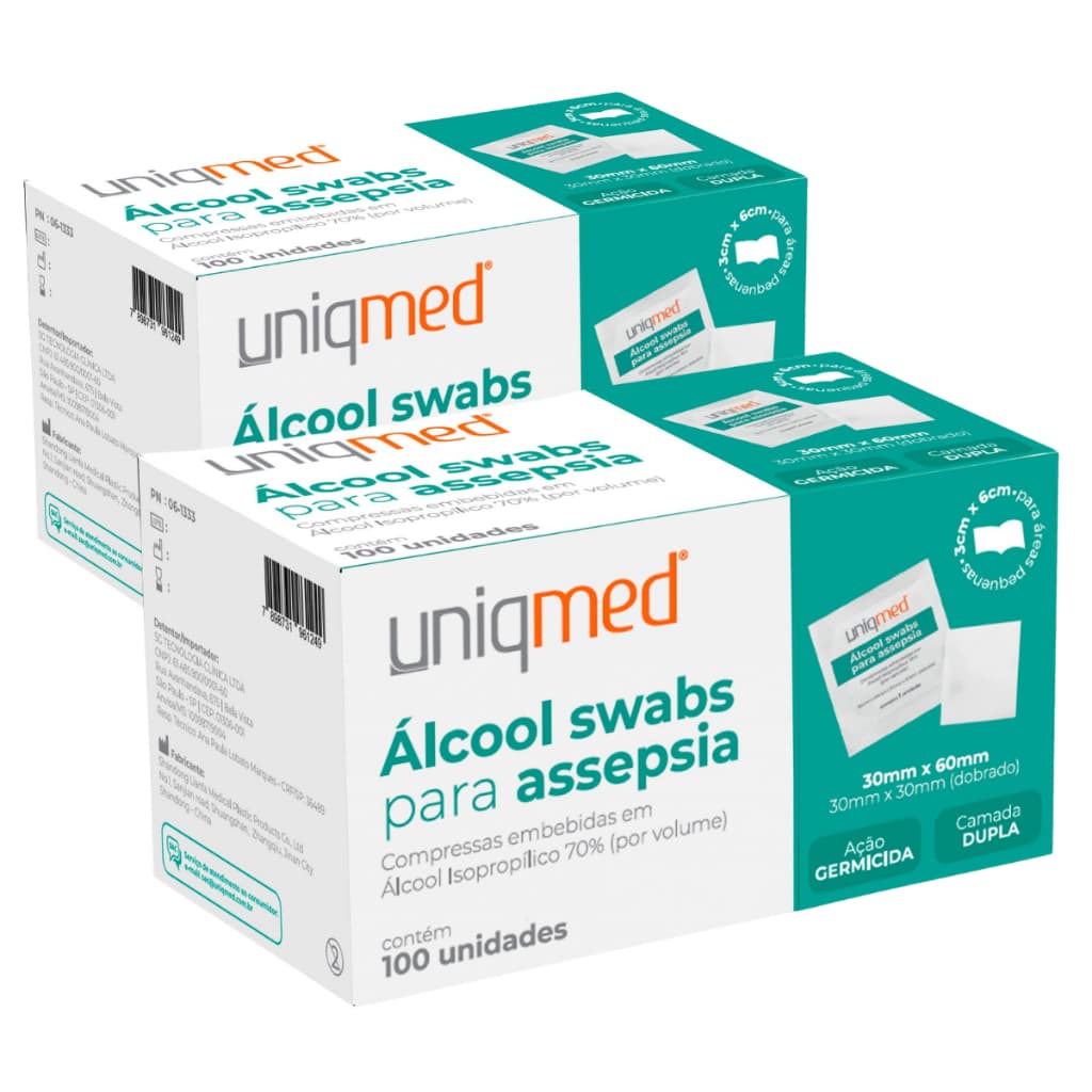 Kit 2 caixas Alcool Swab P/ Assepsia Uniqmed C/ 100 Saches Lenco 70%