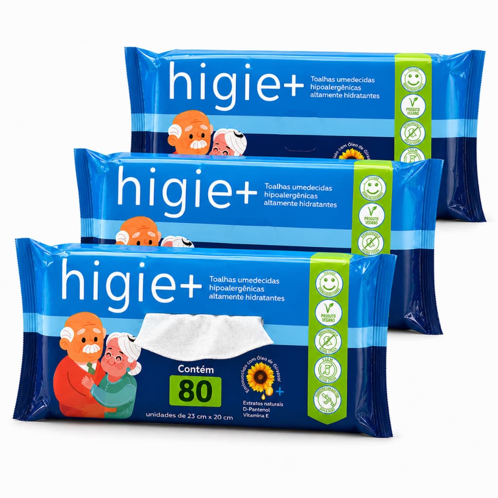 Kit 3 Lenços Umedecido Geriátrico 80 Folhas - Limpeza Delicada Hidratação Conforto Uso Diário – Higie+