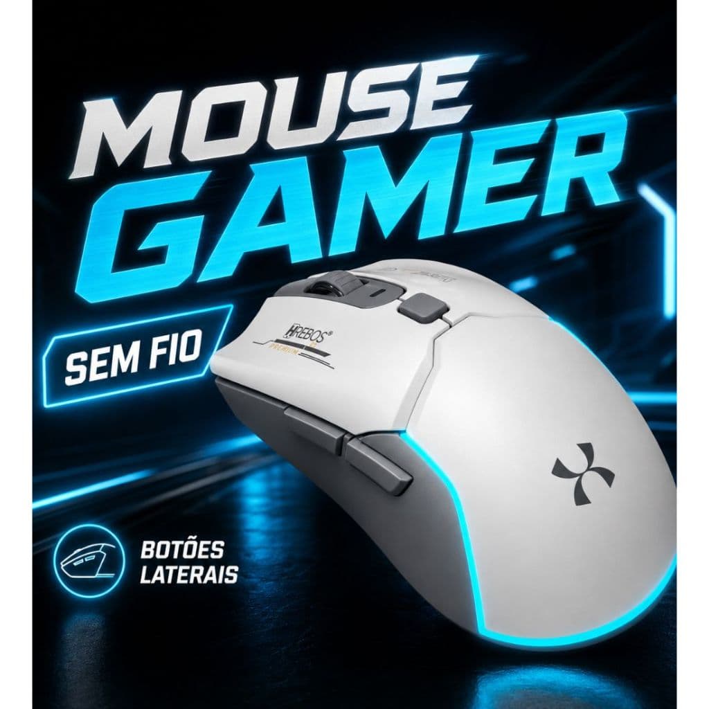Mouse Gamer Sem Fio Hrebos Atlas RGB Bluetooth 2.4G Wireless Recarregável 2400DPI PC Notebook Branco