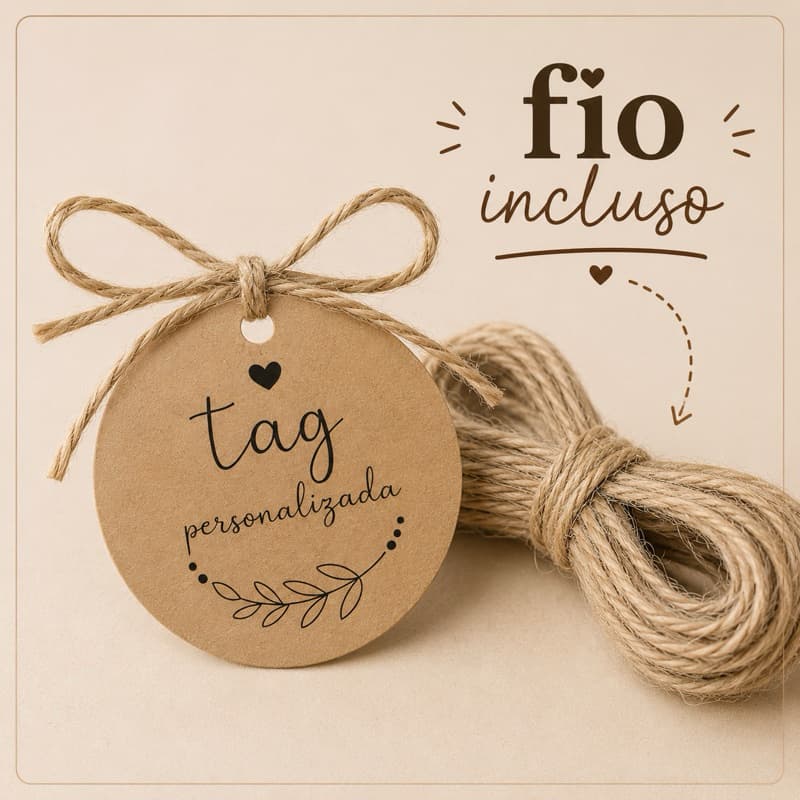 tag personalizada redonda em papel kraft com sua arte, incluso fio de juta especial para lembranças e decorações