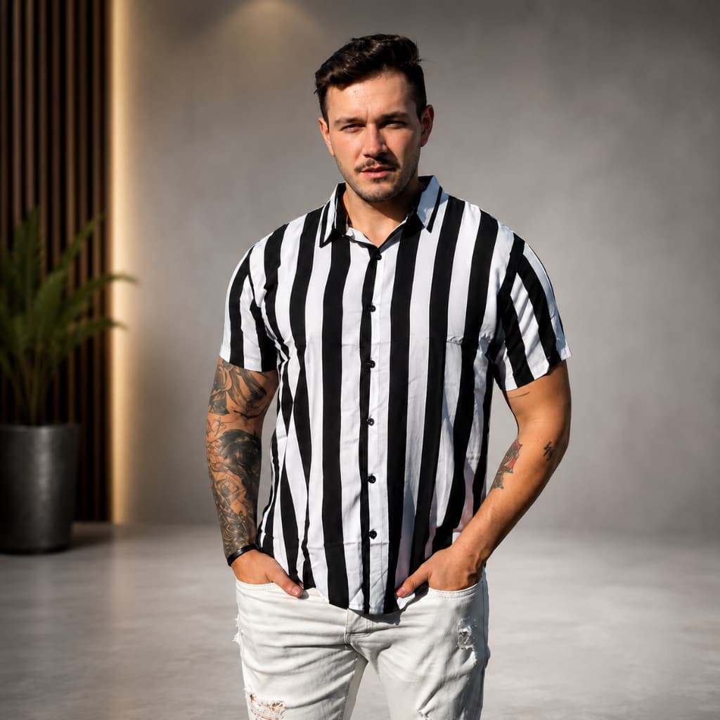 Camisa Social Masculina Manga Curta Slim Fit Listrada Viscose Não Amassa Casual