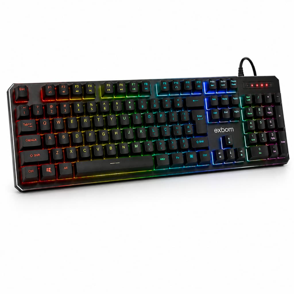 Teclado Gamer Mecânico 100% RGB Teclas Removíveis Antighosting Multimídia Switch Azul ABNT2 PC NOTEBOOK USB Exbom