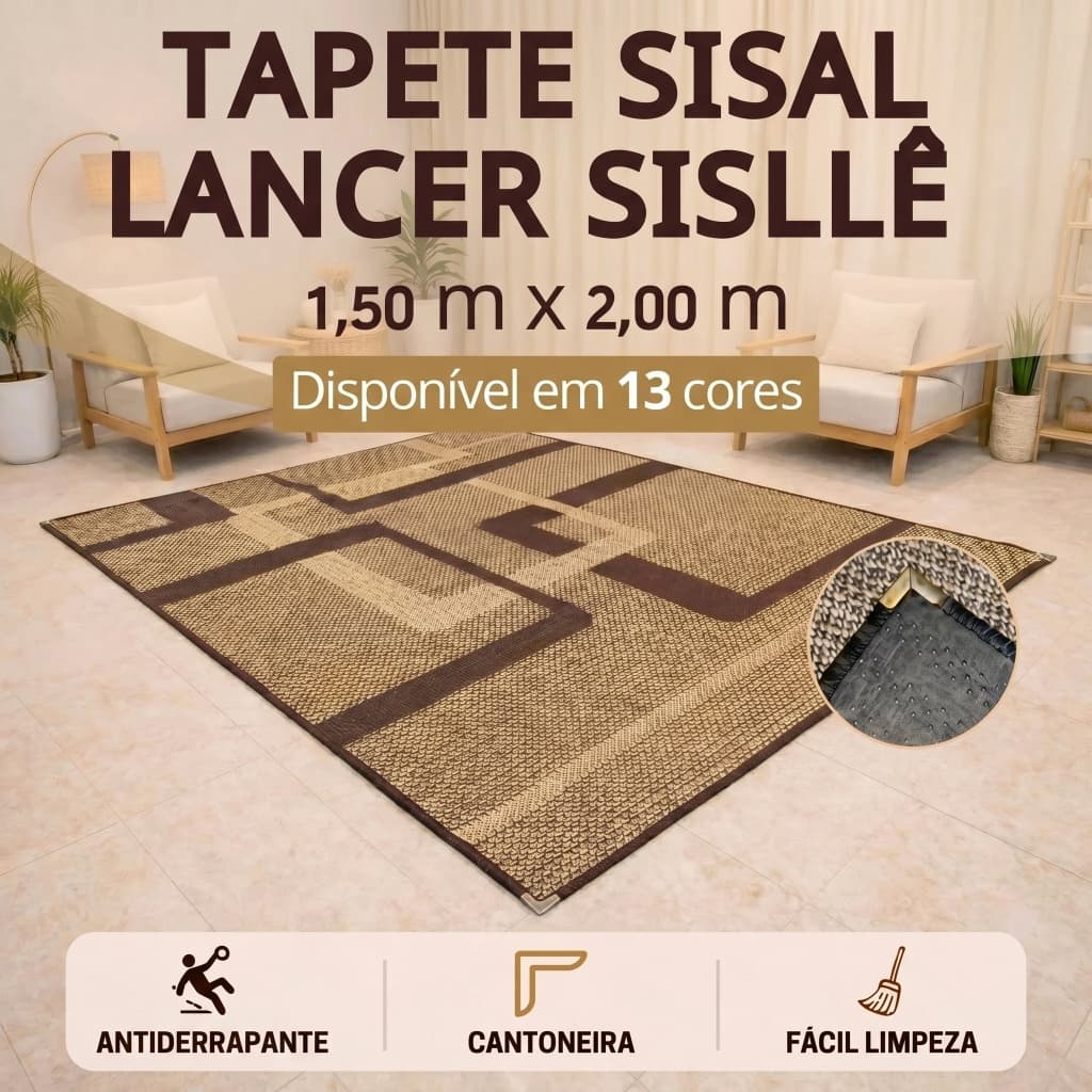 Tapete Sisal 200x150 cm Antiderrapante Cantoneira Aço Cromado Sala Quarto Escritório Salão