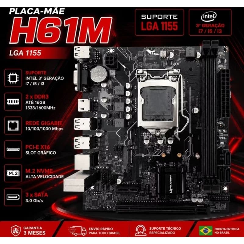 Placa Mãe Gamer Lag 1155 UpGamer H61-M DDR3 16GB M2 NVMe HDMI Intel i3 i5 i7 para Computadores de Jogos