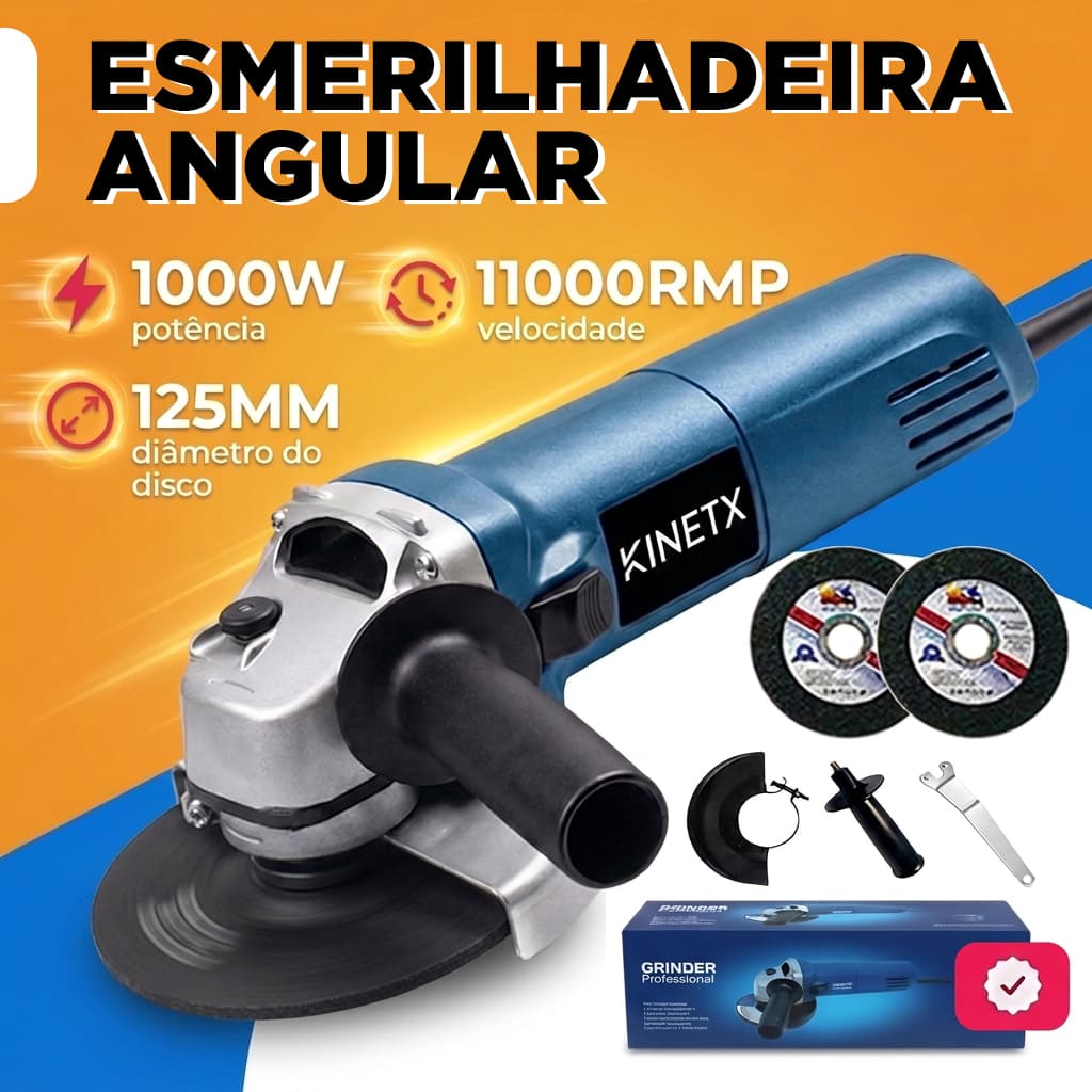 Esmerilhadeira Lixadeira Angular 1000W 110V ou 220V com Kit Discos 115mm 11000rpm Alta Potência para Cortes e Lixamento
