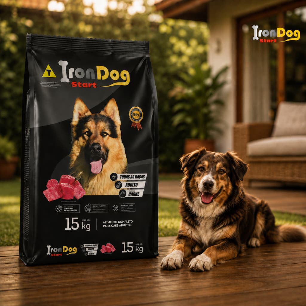 Ração Para Cachorro Adulto 15kg Iron Dog Start Premium Todas as Raças Sabor Carne 18% Proteína