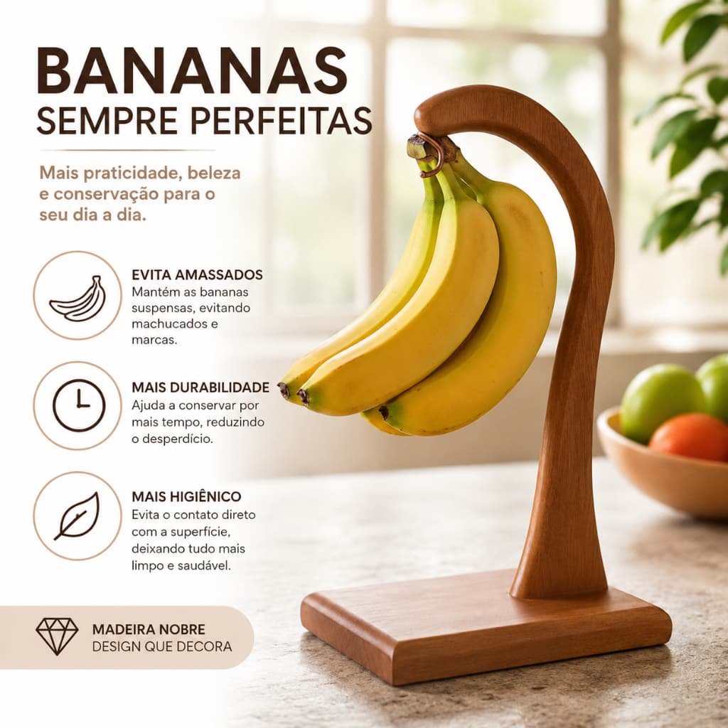 Suporte Para Banana Fruteira Gancho Madeira Maciça Bancada Cozinha Pendurar Frutas