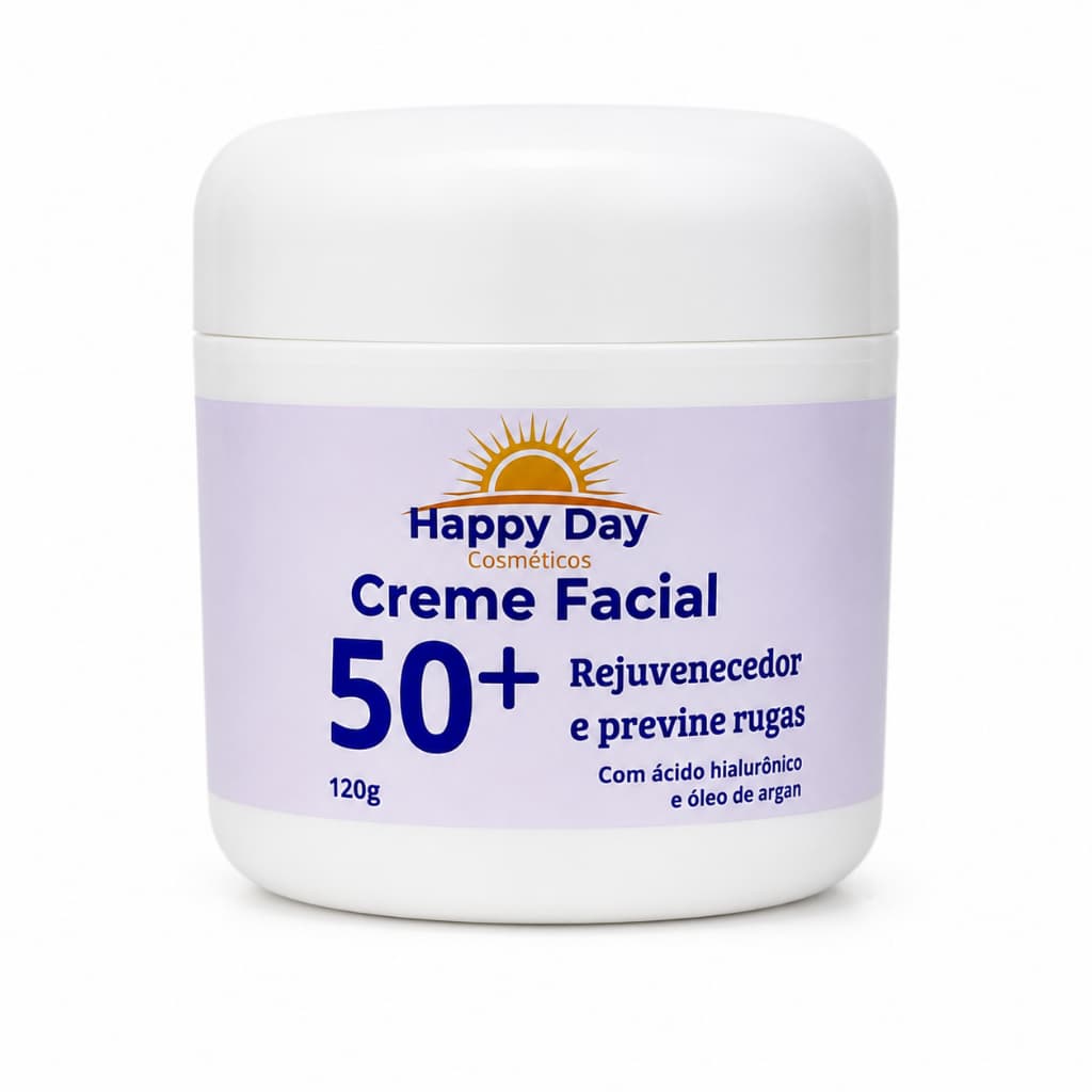 Creme Hidratante Facial 50+ Uso Noturno Com Ácido Hialurônico e Óleo de Argan 120g Happy Day Cosméticos