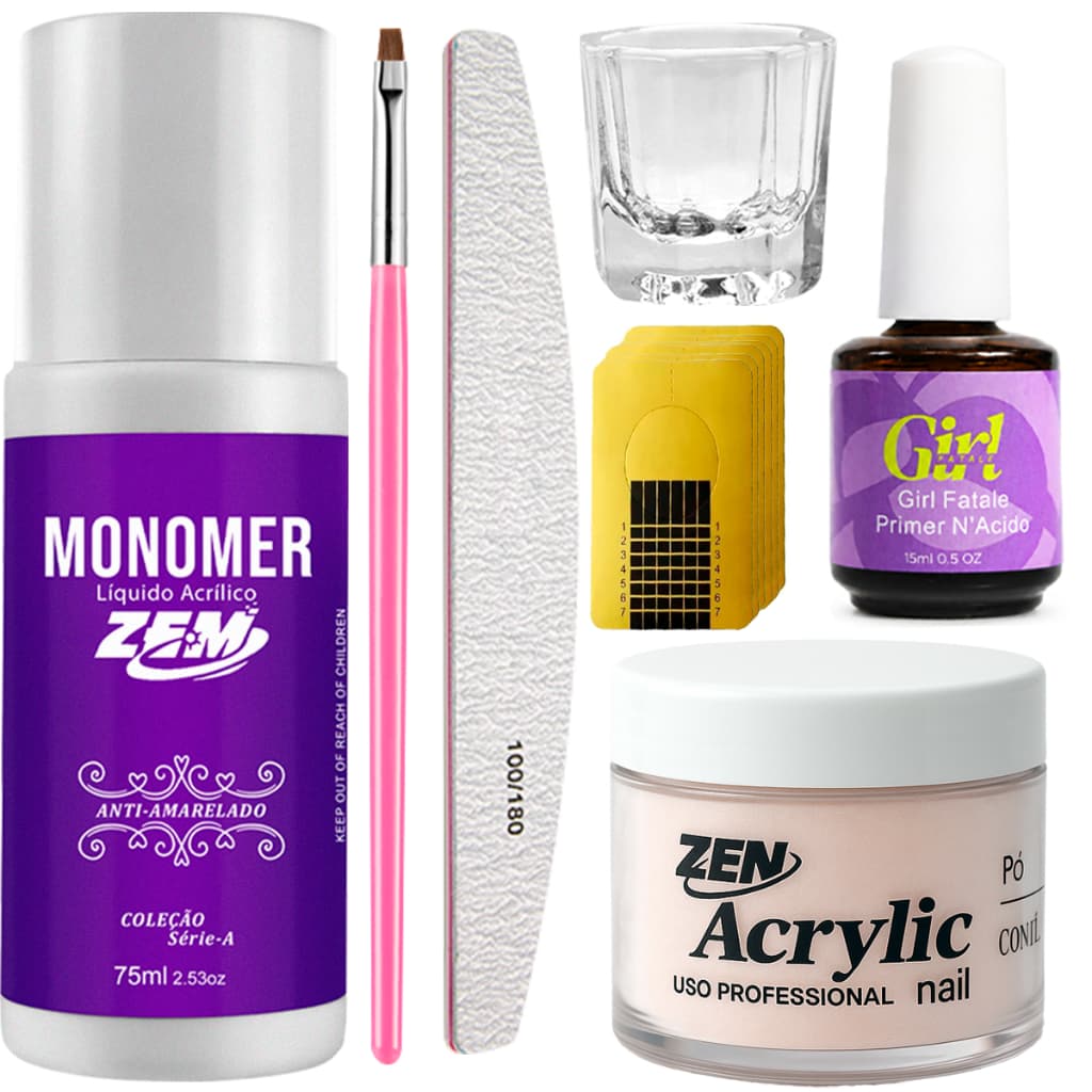Kit Unhas Acrigel Monomer Pó Acrilico Dappen Molde Adesivo Lixa Bumerangue Pincel Primer Completo