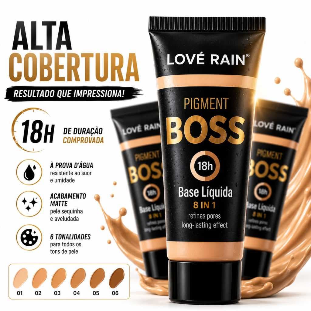 Base Líquida Boss Pigment Lové Rain 8 em 1 Alta Cobertura Matte 18h À Prova D'Água Não Craquela 6 Tonalidades 60ml