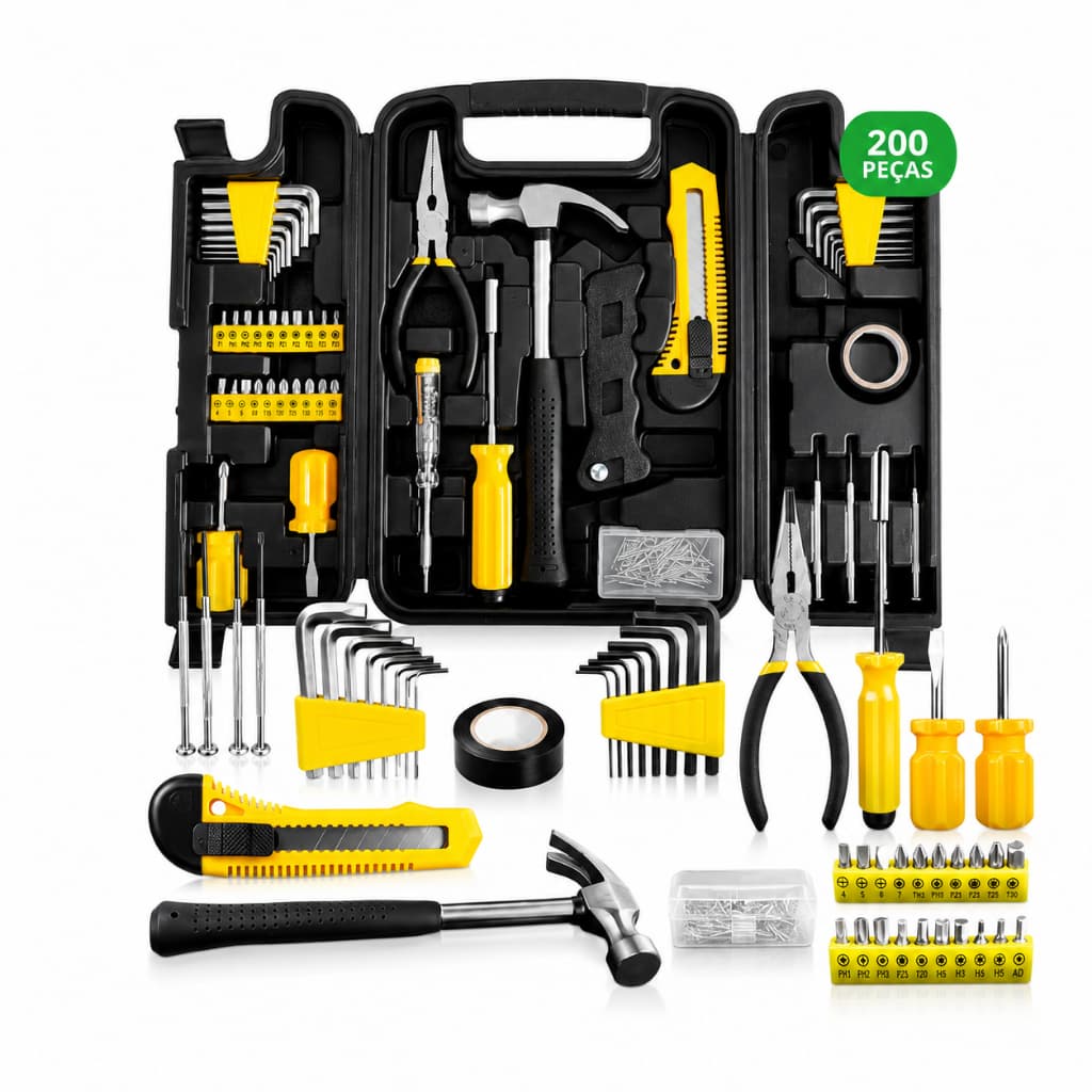 Kit Ferramentas Completo Maleta 200 Peças Profissional Ferramenta Manual Organizada Chaves