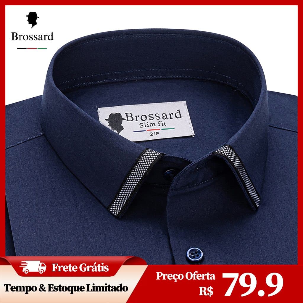 Camisa Social Masculina Brossard Slim Fit Premium Confortável e Respirável, Para Presentear Trabalho