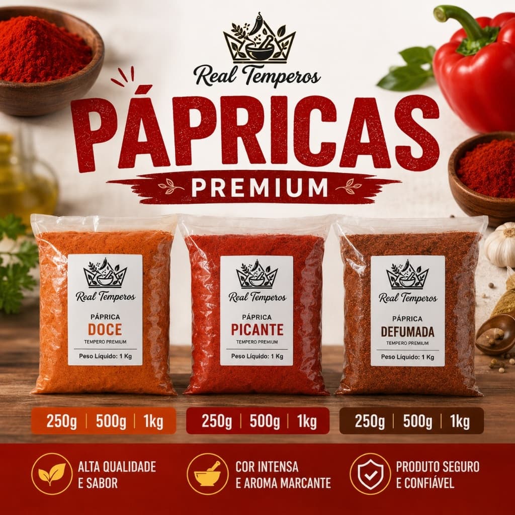 Páprica Doce, Defumada e Picante Premium Importada Pura Tempero a Granel 1kg 500g 250g