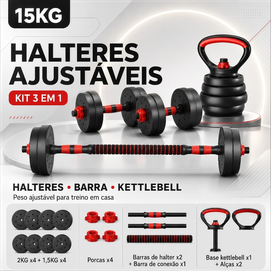 Kit De Halteres E Anilhas Ajustáveis 15kg Academia Barra Kettlebell Para Treino Em Casa Musculação