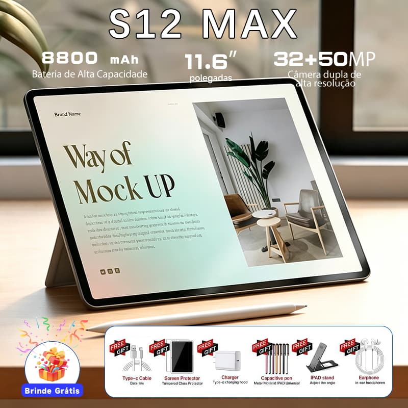 Tablet S12 MAX 11,6" 12GB+512GB Android 15 MTK6799 8800mAh Tela HD 2560x1600 Câmeras 32+50MP Wi-Fi 6/5G Bluetooth5.4 GPS