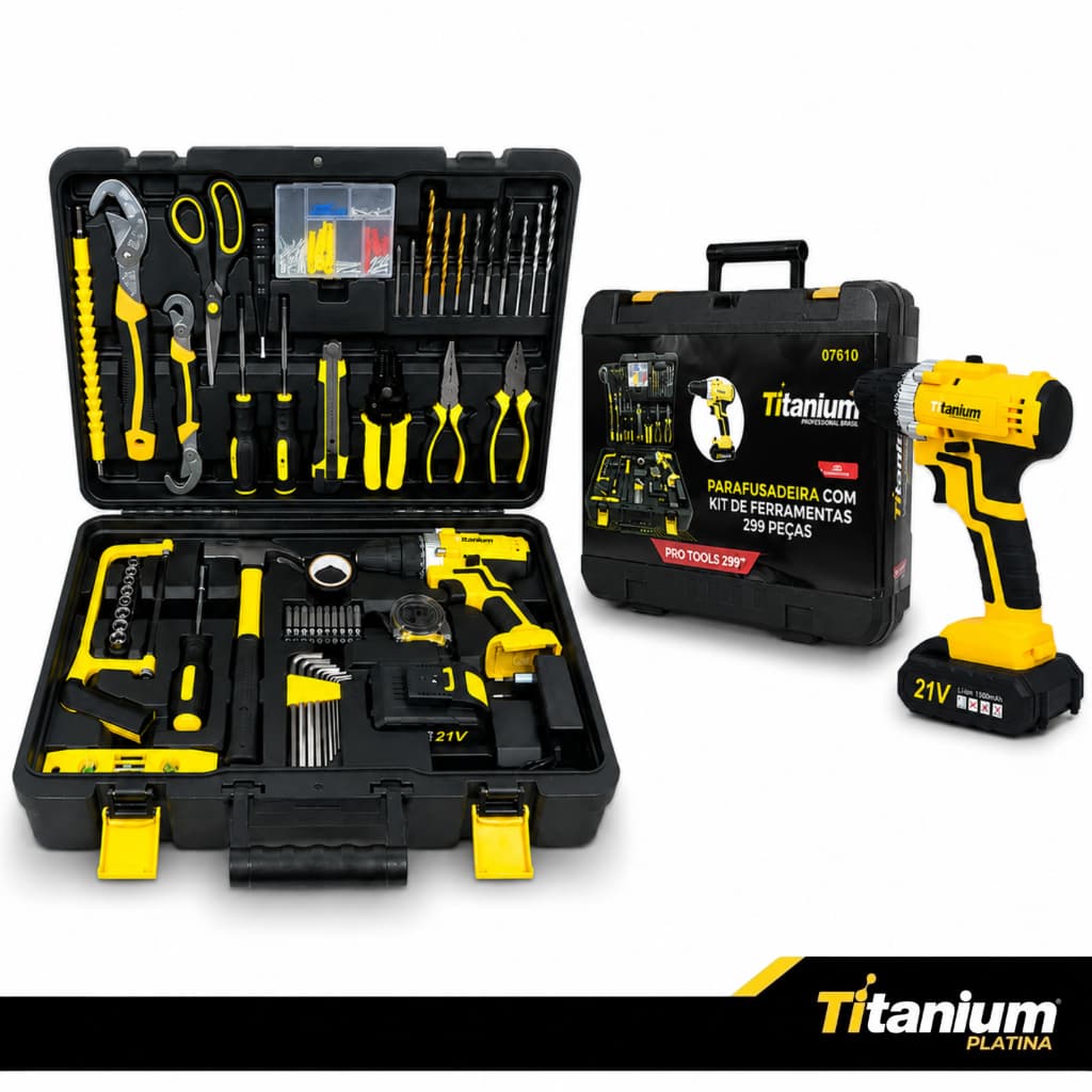 Kit Maleta De Ferramentas Completo 299 Peças Com Parafusadeira 21V -  Titanium Platina