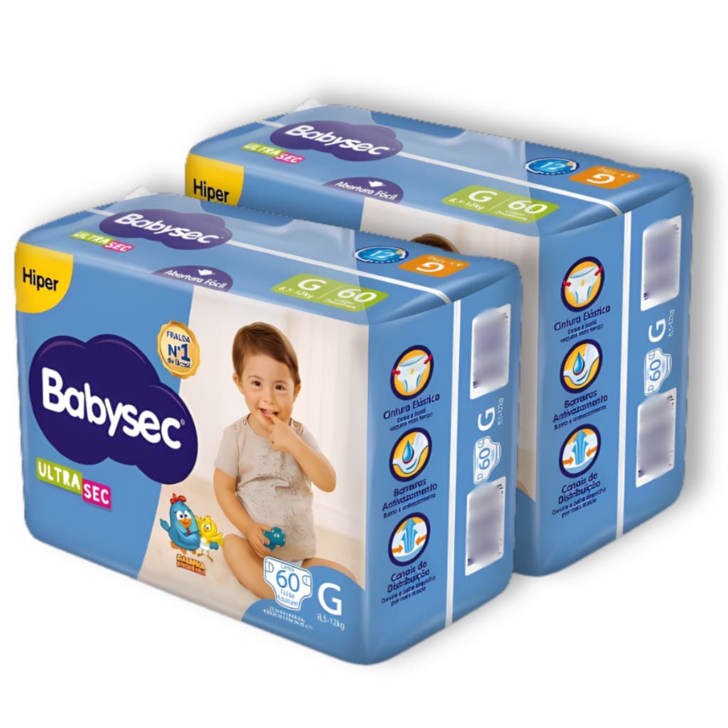 Kit 2 Fraldas Descartáveis Babysec UltraSec Hiper - Tamanho G - Total 120 Tiras