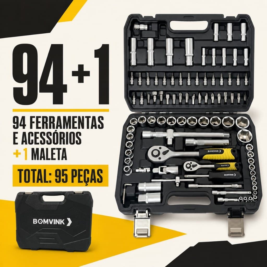 Kit Jogo De Chaves Catraca E Soquetes 95 Pecas Profissional Maleta Completa Aco Chrome Vanadium Bomvink BOM-3912