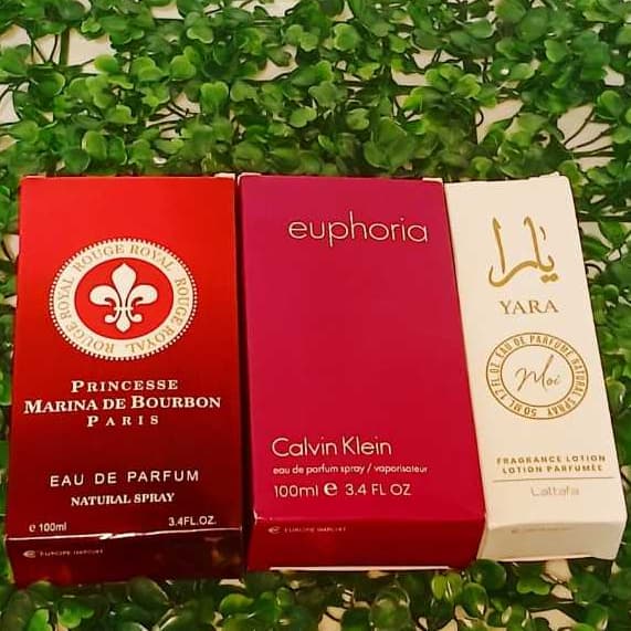 Kit 3 Perfumes 2 perfumes+1mini de 50ml Femininos Importados 100ml cada Marina de Bourbon Euphoria Yara(árabe)