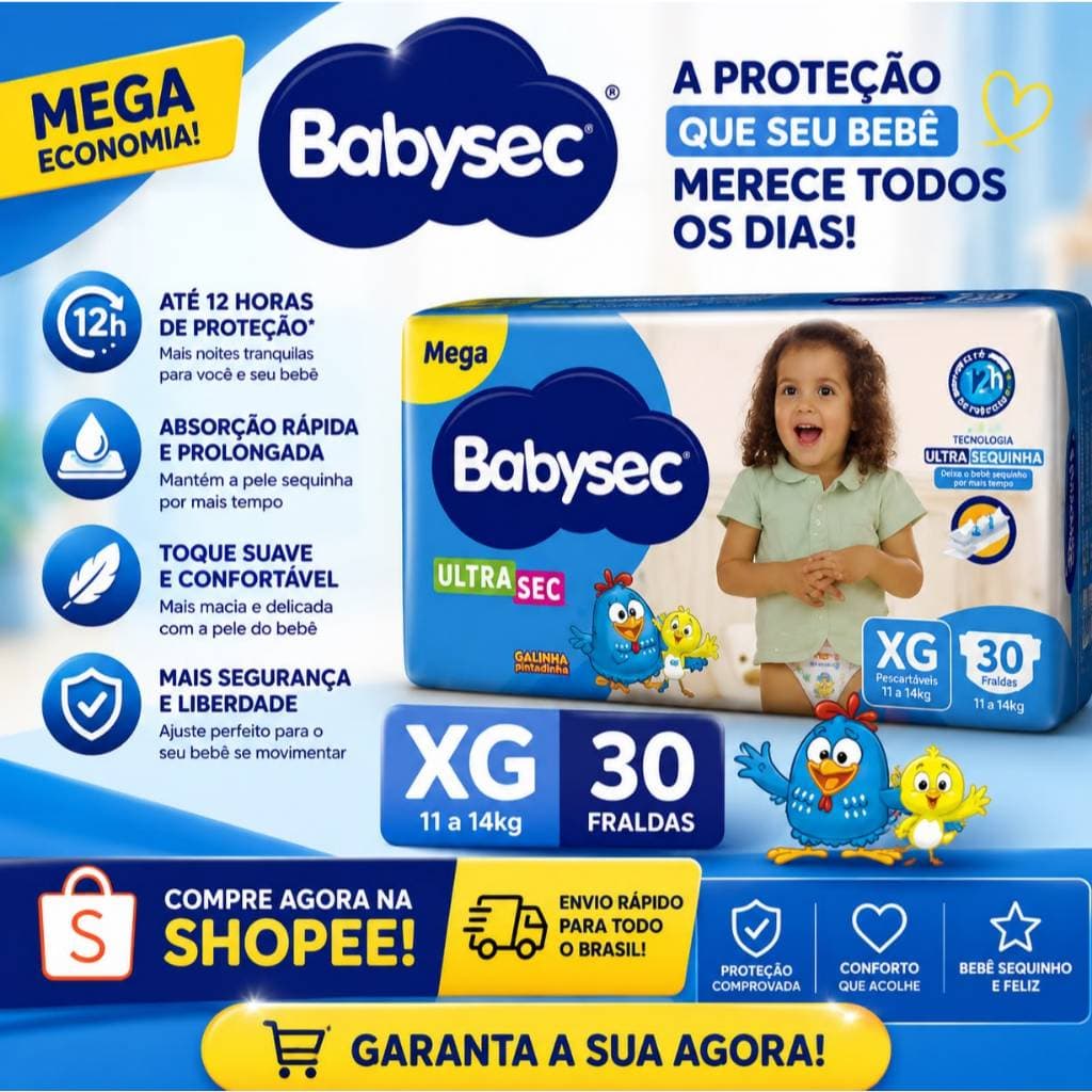 Fralda Babysec Galinha Pintadinha XG 30un UltraSec Até 12h Secagem 11-14kg