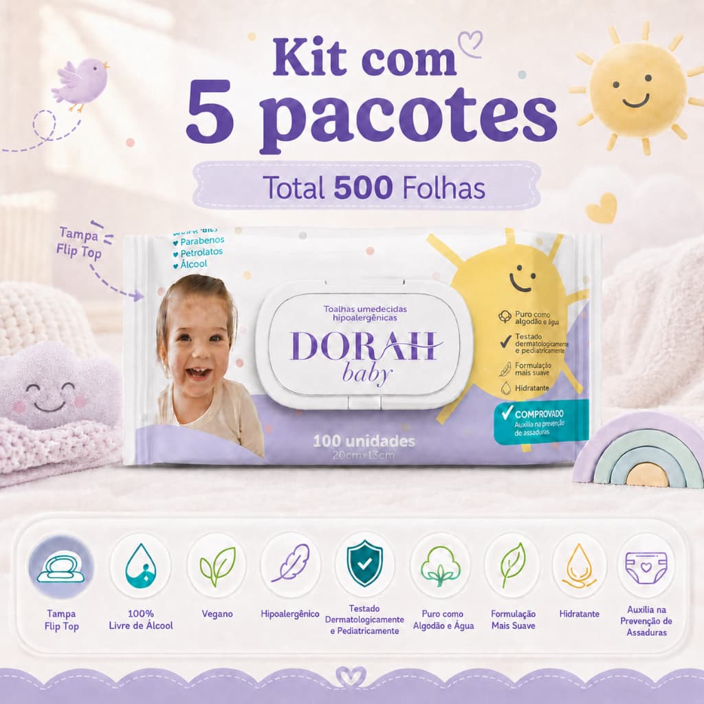 Kit Lenços Umedecidos SEM Álcool - 5 Pacotes com 100 Folhas com Tampa - Dorah Baby (Total 500 Folhas)