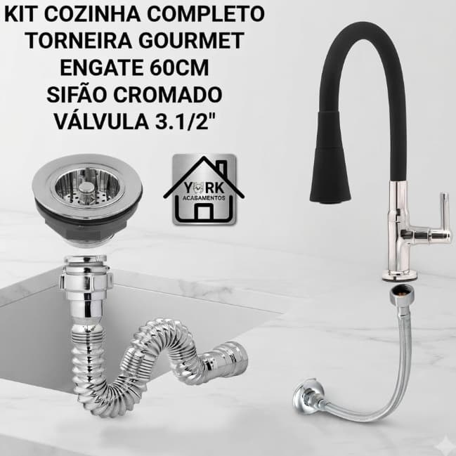 Kit Cozinha Completo Torneira Gourmet + Engate 60cm + Sifão + Válvula 3.1/2