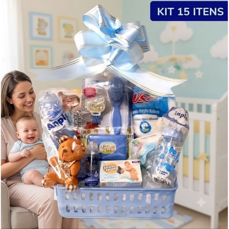 Kit chá de bebê cesta presente enxoval 15 itens Mamadeiras 240 / 140 ml + lenço umedecido+ sabonete Pompom kit banho