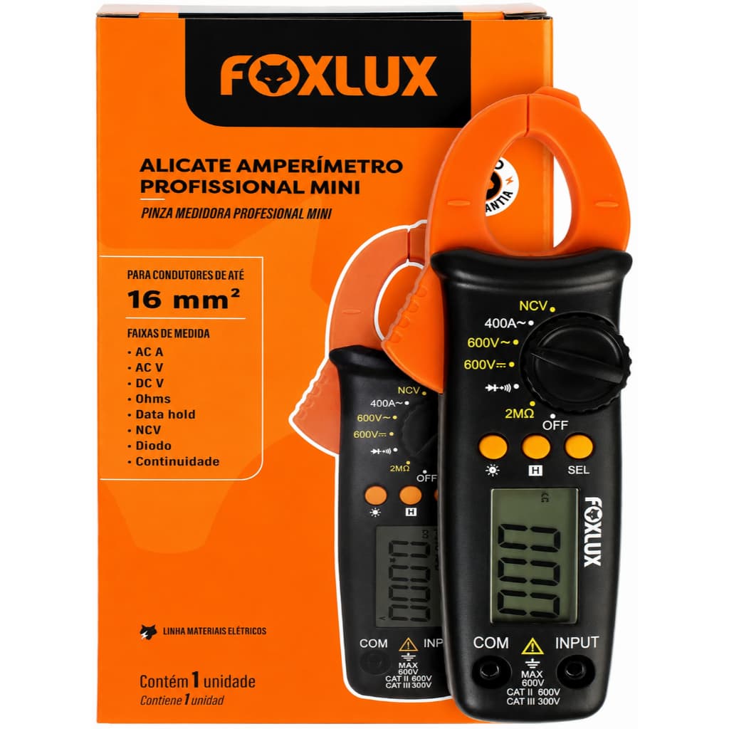 Multímetro Digital com Alicate Amperímetro Mini Foxlux 400A – Profissional para Eletricista