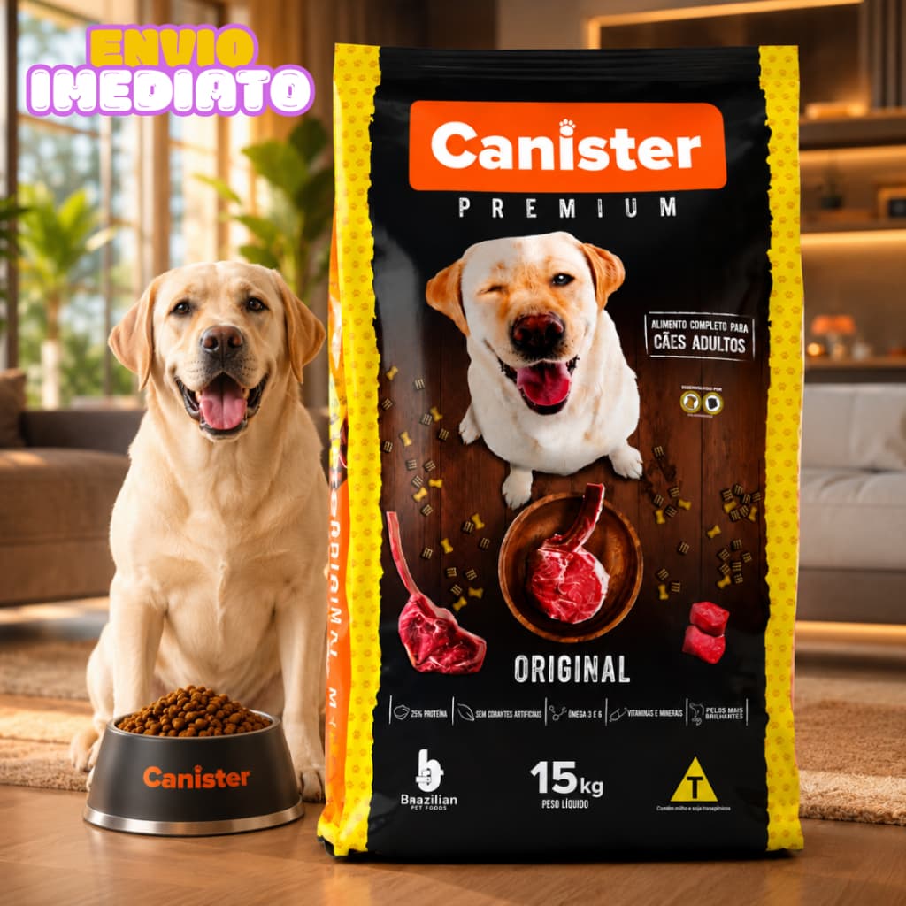 CANISTER ração 15kg p/Cães de todos os portes sabor Carne e Frango.;