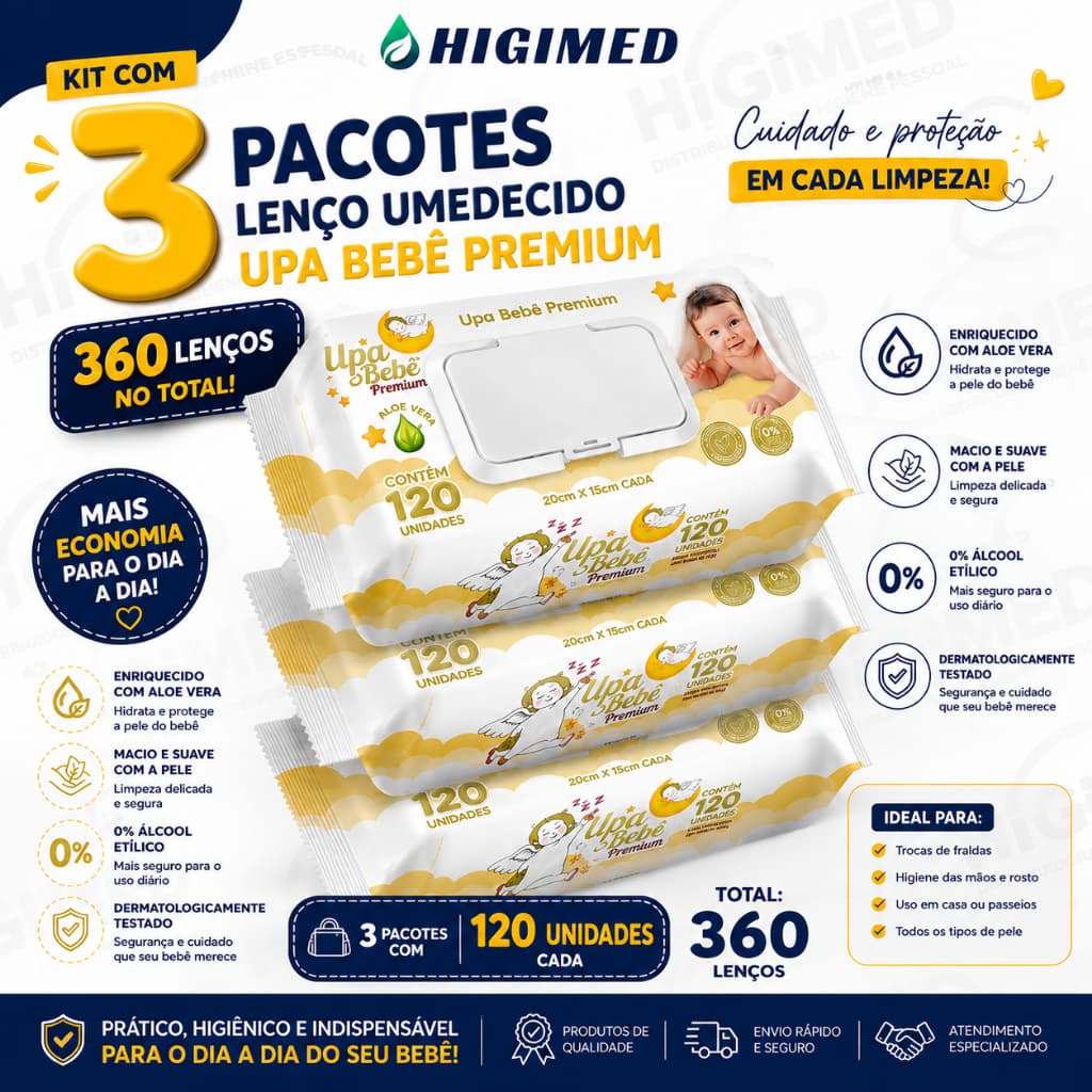 Kit Toalhinha Umed Upa Bebê Premium 120 Unidades | Escolha a Quantidade